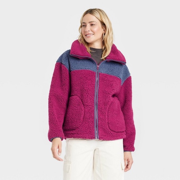 Universal Thread Women’s Sherpa Anorak Jacket size L NWT purple color block - Picture 1 of 9